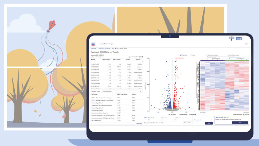 Screenshot of a bubble volcano plot onto a laptop screen with a summer background view.